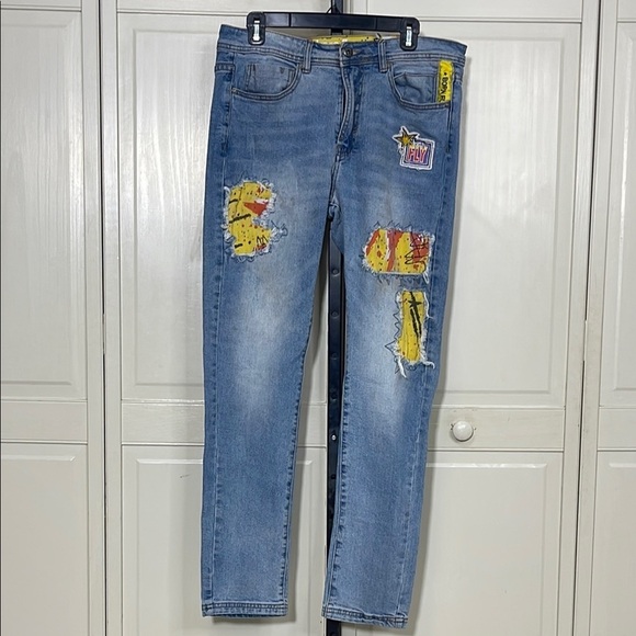 Born Fly Men’s Yellow and Red Art Patchwork Slim Straight Jeans Sz 34 - Picture 10 of 10